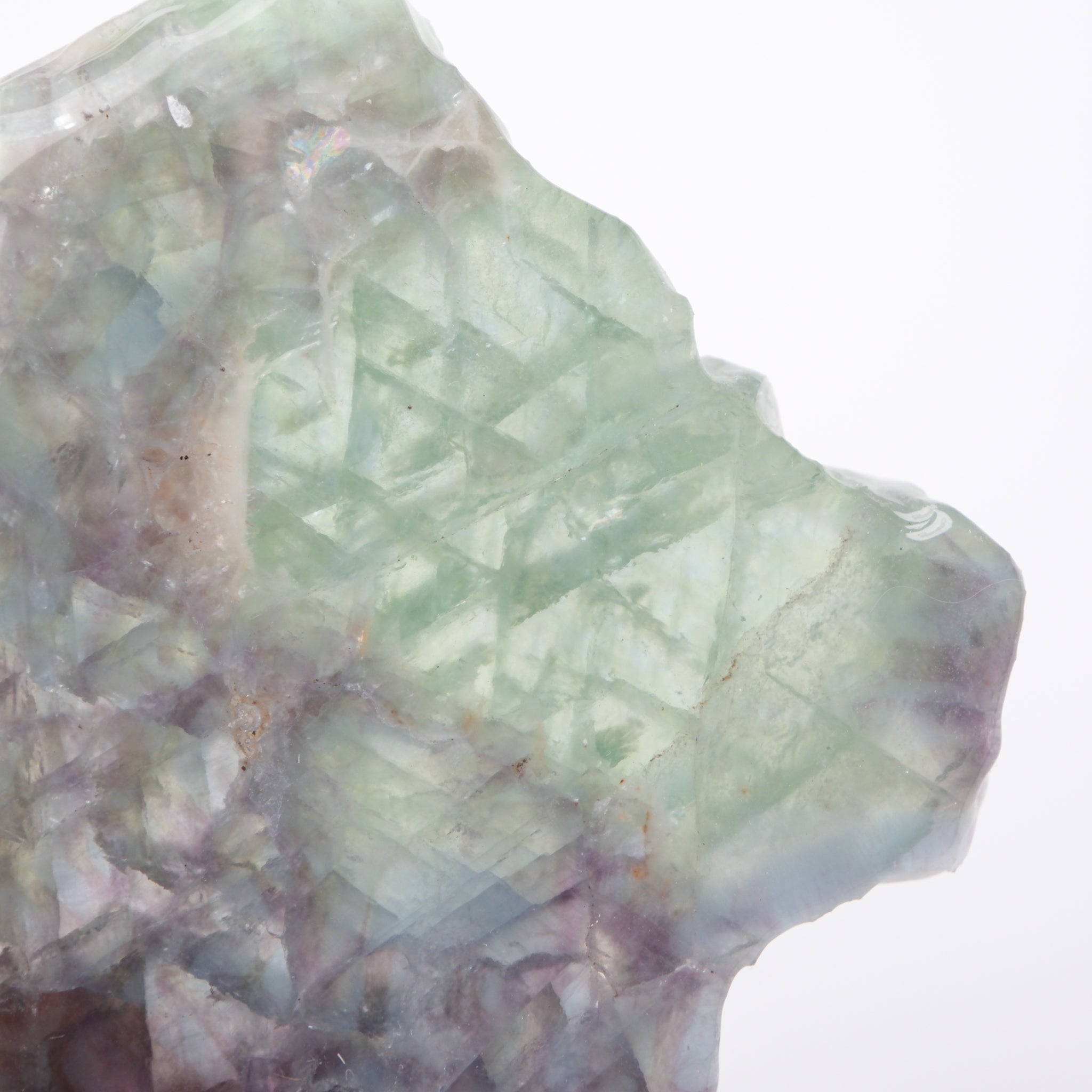 Colorful fluorite slab from Noctis Studio showing vibrant green, purple, and clear mineral layers on a smooth surface.