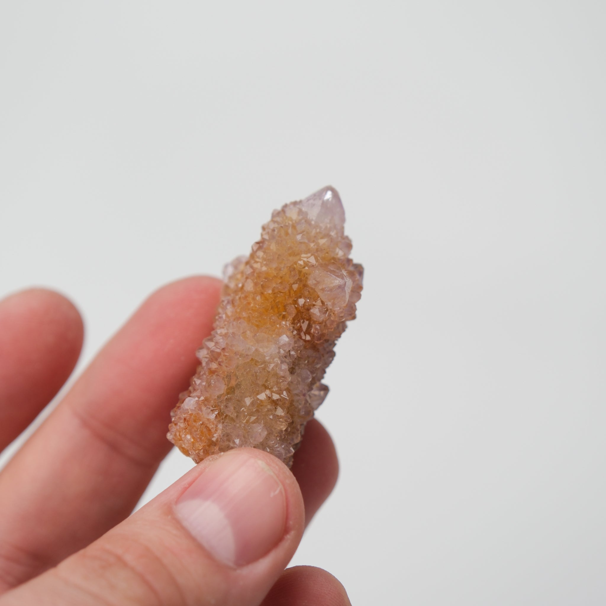 Noctis Studio Spirit Quartz cluster with multiple clear and purple crystal points on a white background.