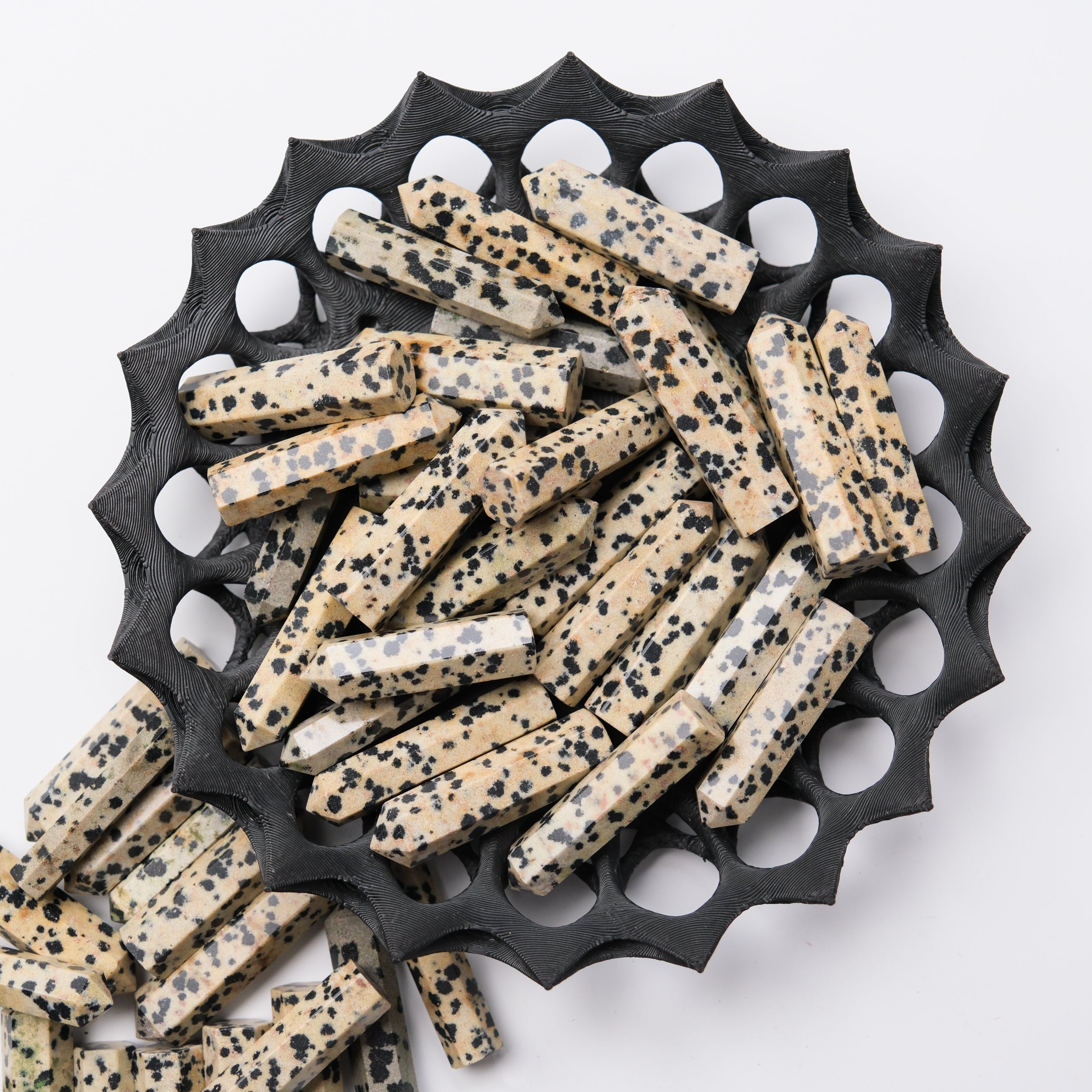 Dalmatian Jasper single gridding point with natural stone pattern, designed for crystal healing and energy work.