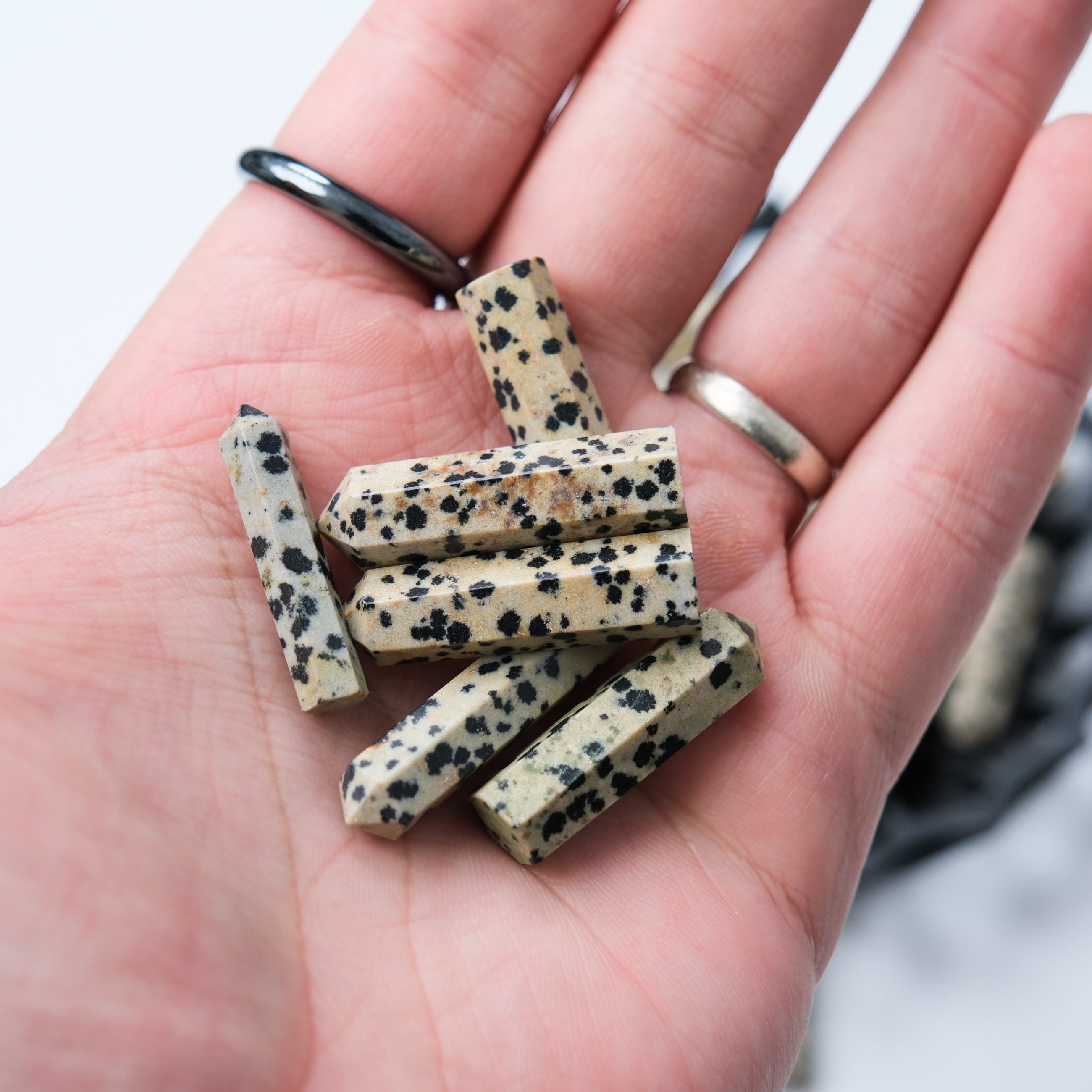 Dalmatian Jasper single gridding point by Noctis Studio, showcasing a polished stone with distinctive black spots and smooth shape.