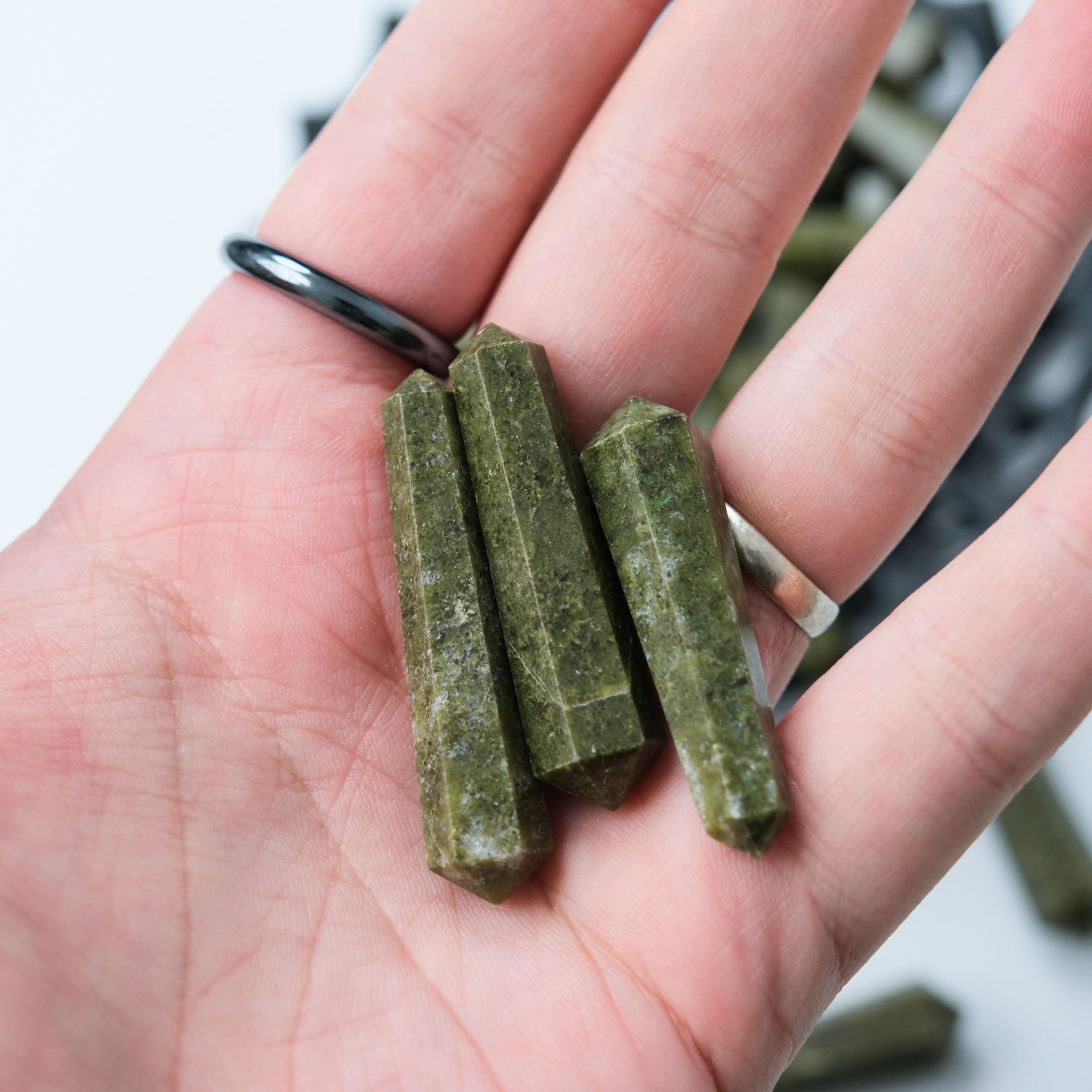 Noctis Studio green Jasper double gridding point with detailed pattern, showcasing natural stone and craftsmanship.