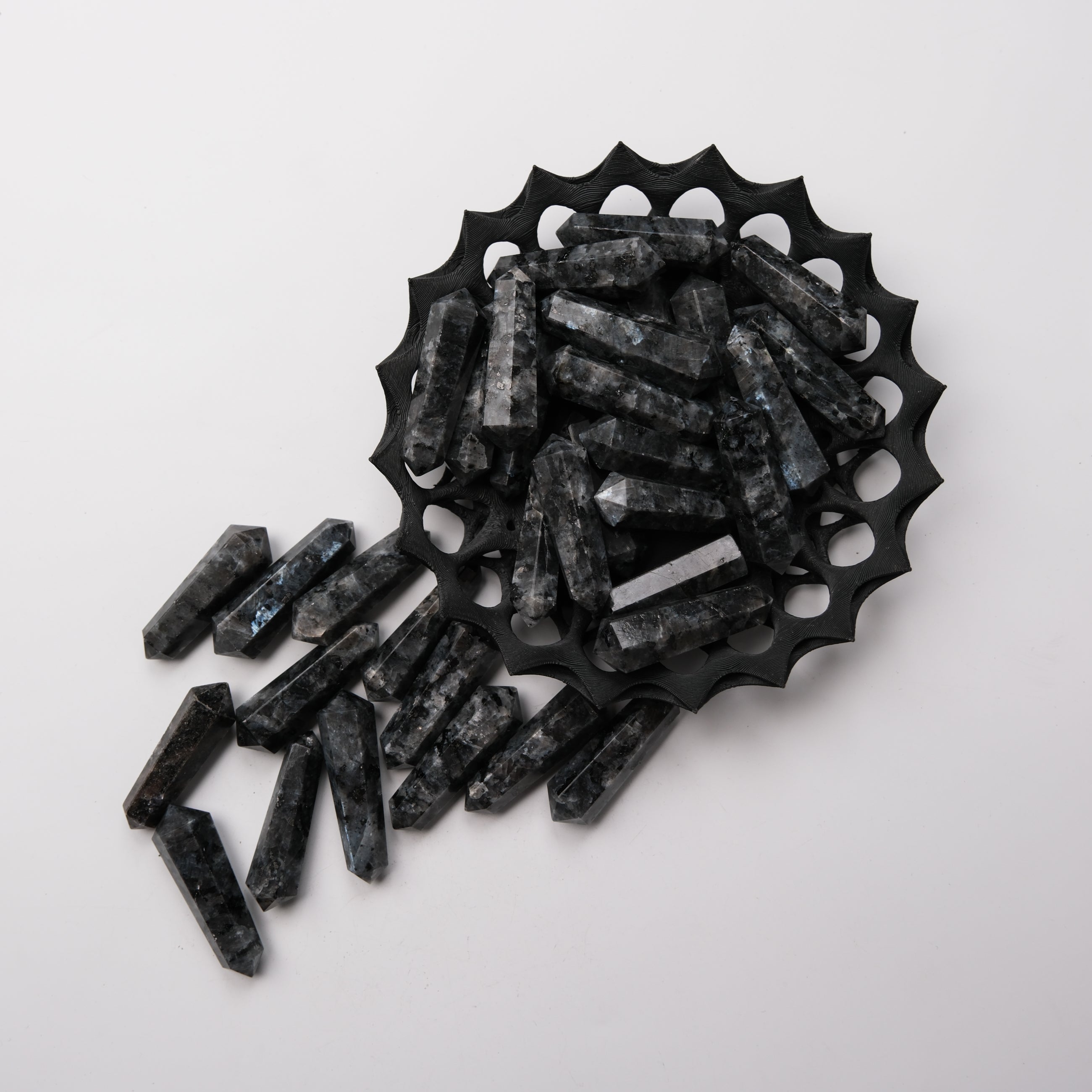 Noctis Studio Larvikite Double Gridding Point for jewelry making, featuring polished stone with intricate natural patterns.