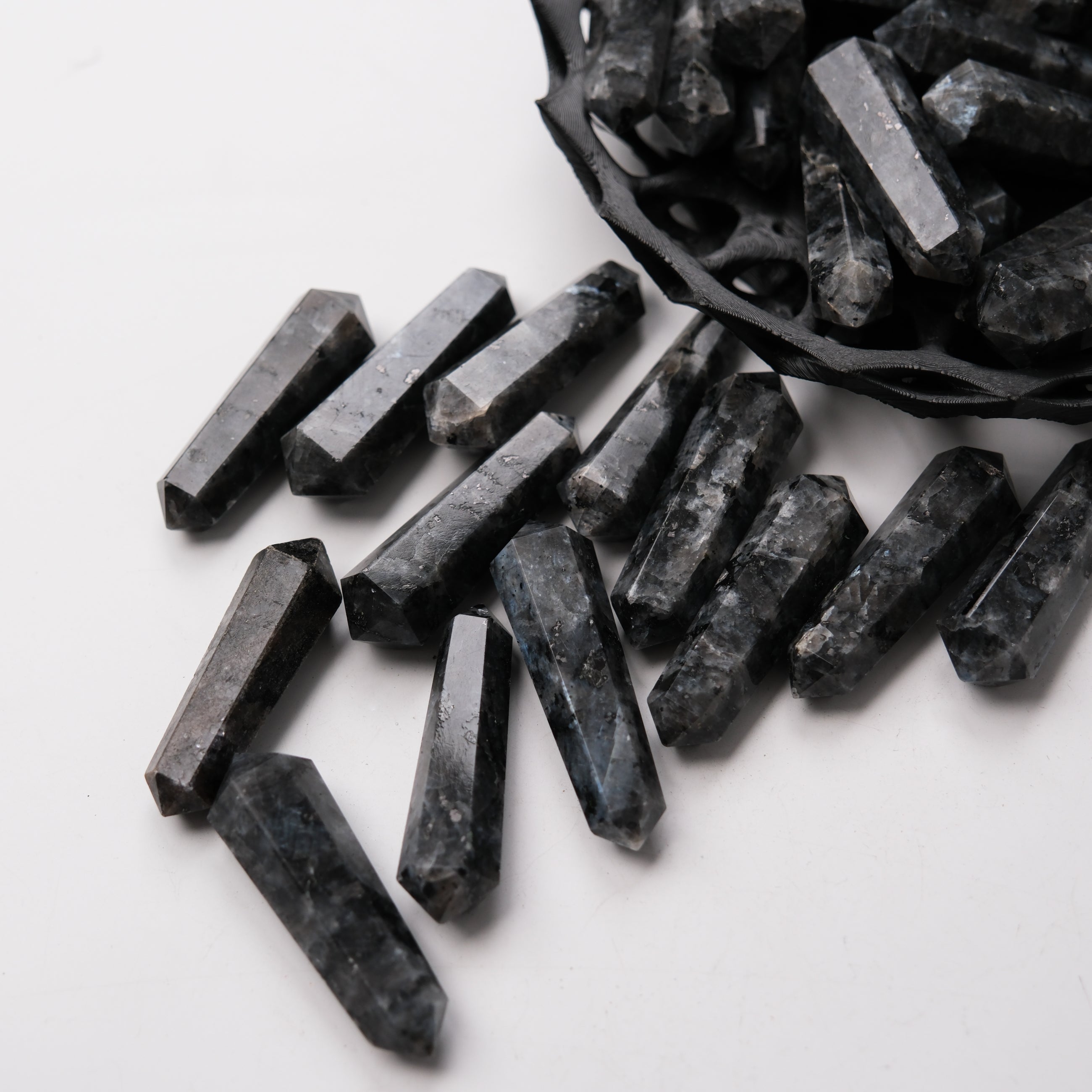 Noctis Studio Larvikite double gridding point for jewelry setting, featuring polished stone with intricate natural patterns.