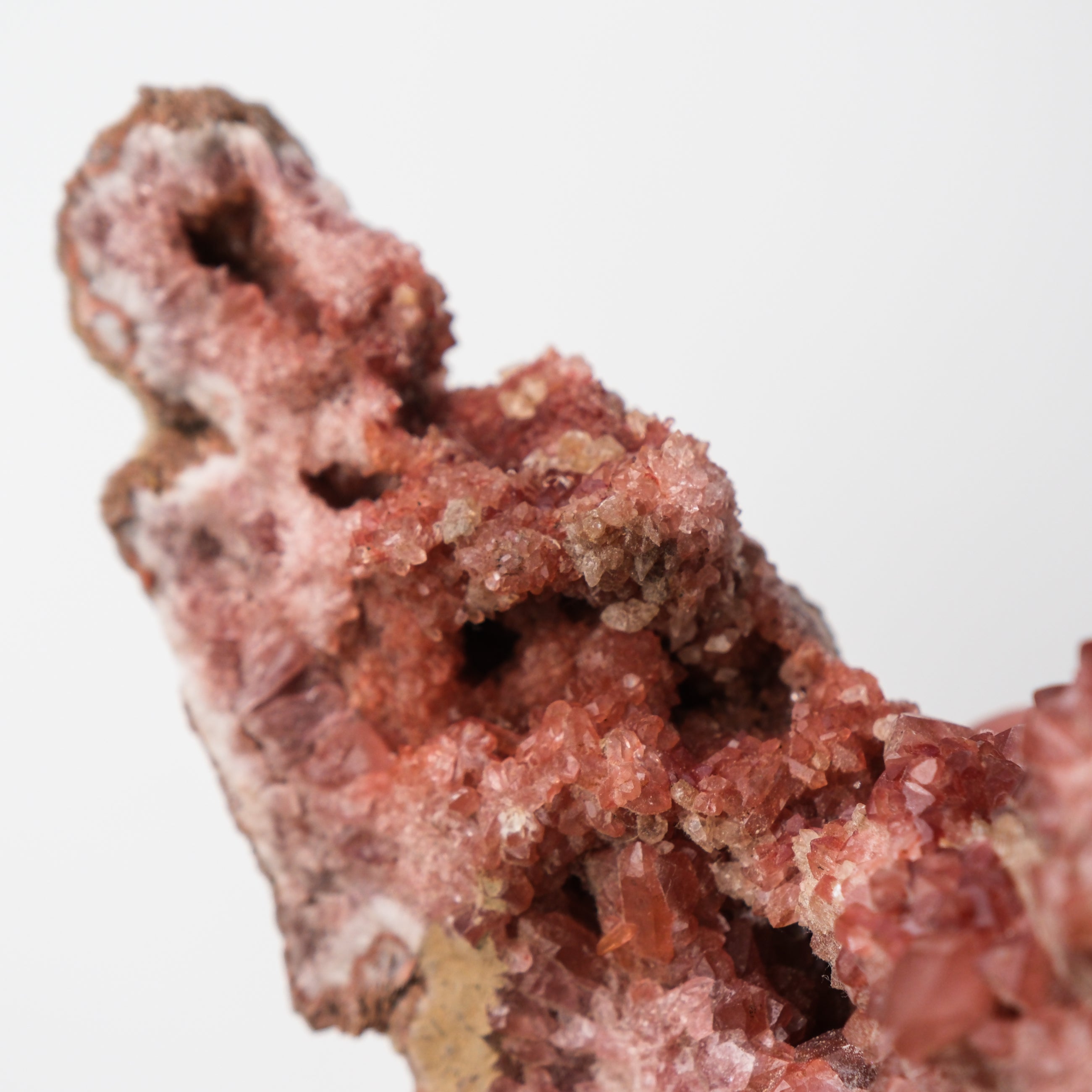 Pink Amethyst geode by Noctis Studio showcasing vibrant pink crystals and a rugged natural quartz exterior.