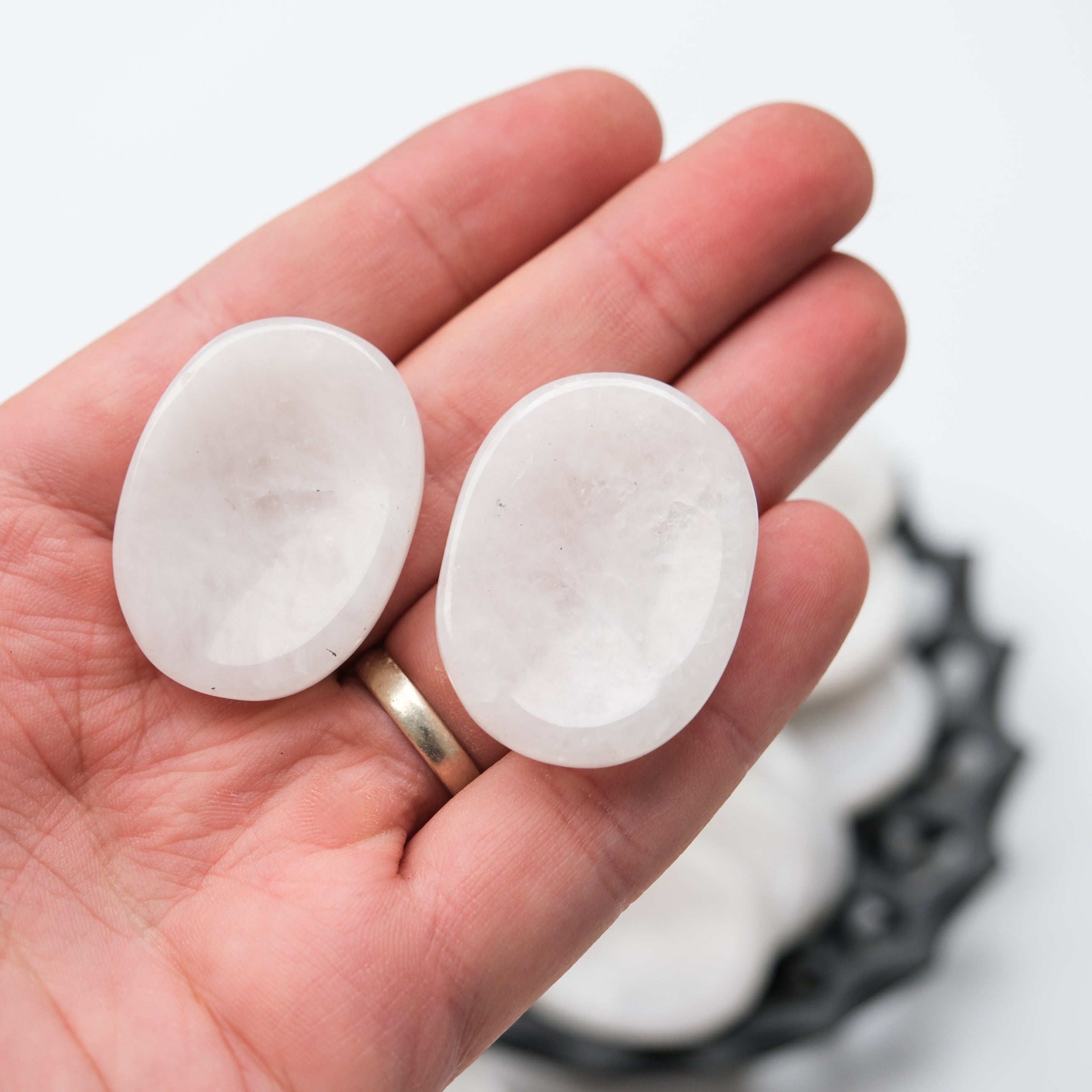 Snow Quartz worry stone by Noctis Studio featuring smooth, polished white quartz with calming, natural patterns for stress relief.