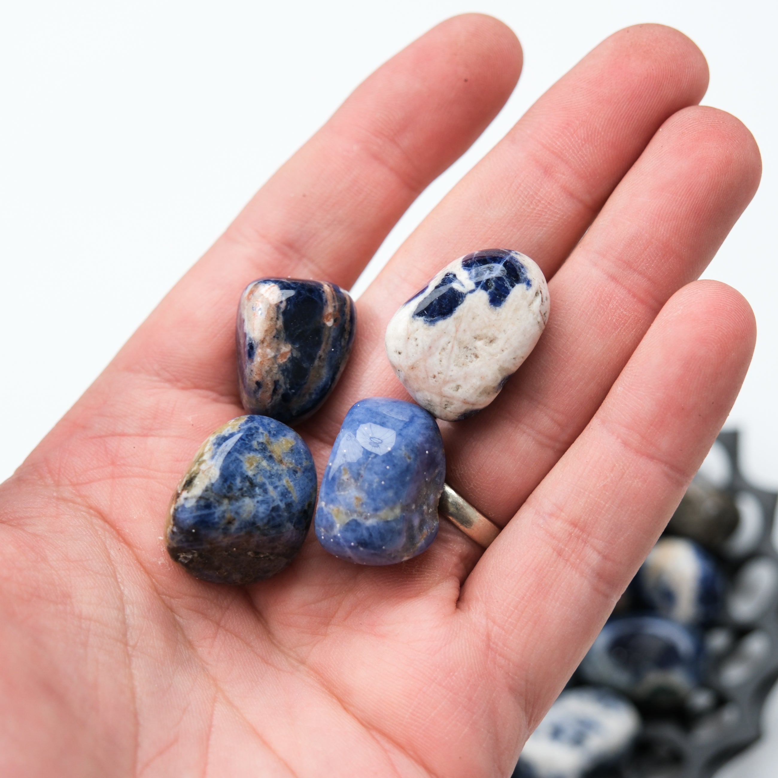 Sodalite tumble stone from Noctis Studio showing deep blue mineral with white veining, polished and smooth surface.