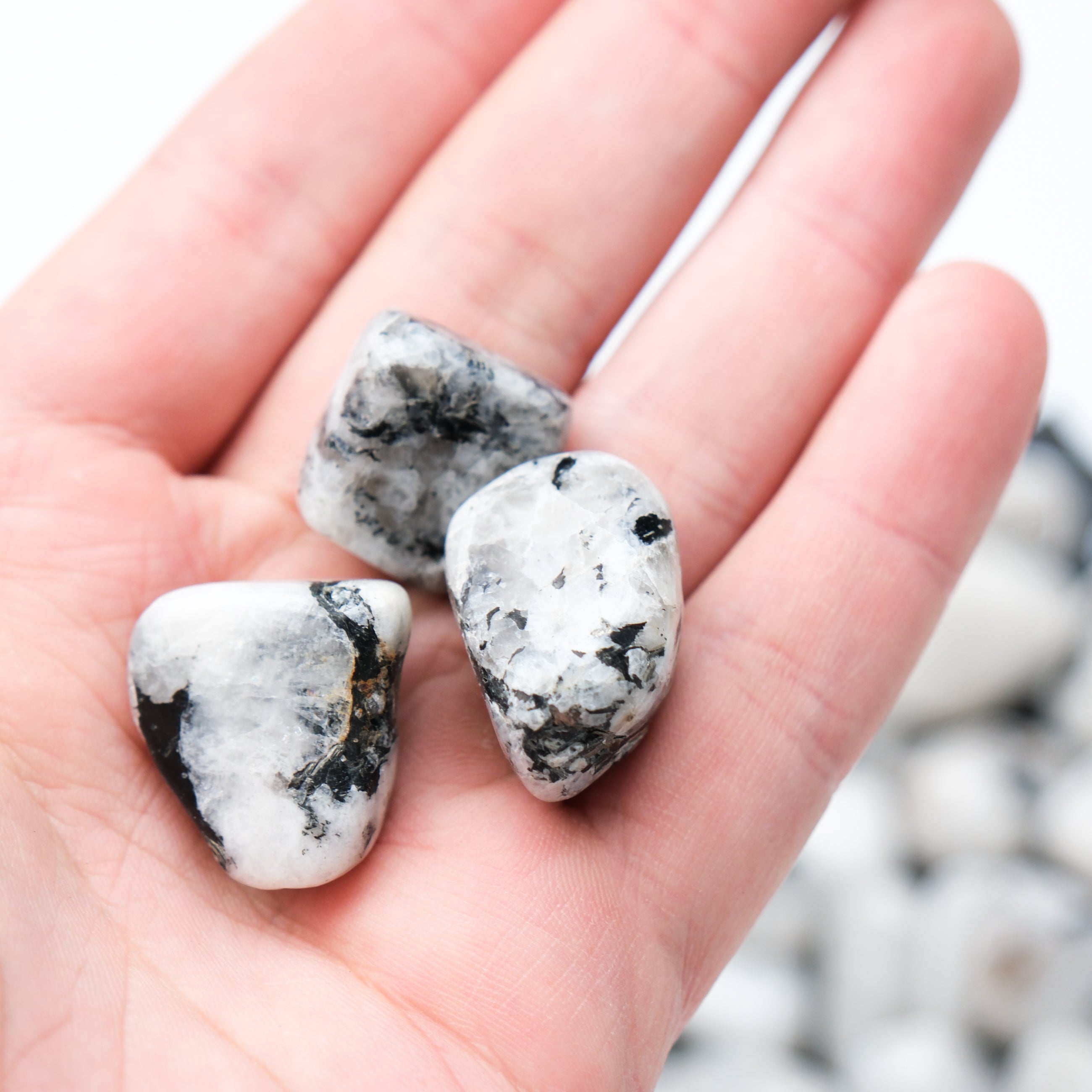 Noctis Studio moonstone tumble stone showing iridescent, smooth polished surface with natural gemstone texture.