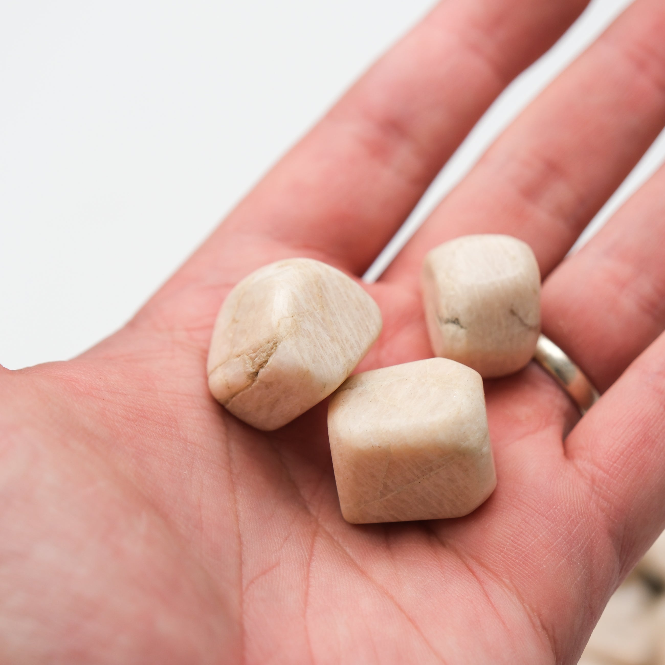 Cream moonstone tumble stone from Noctis Studio with smooth, rounded surface showcasing its creamy, iridescent gemstone appearance.