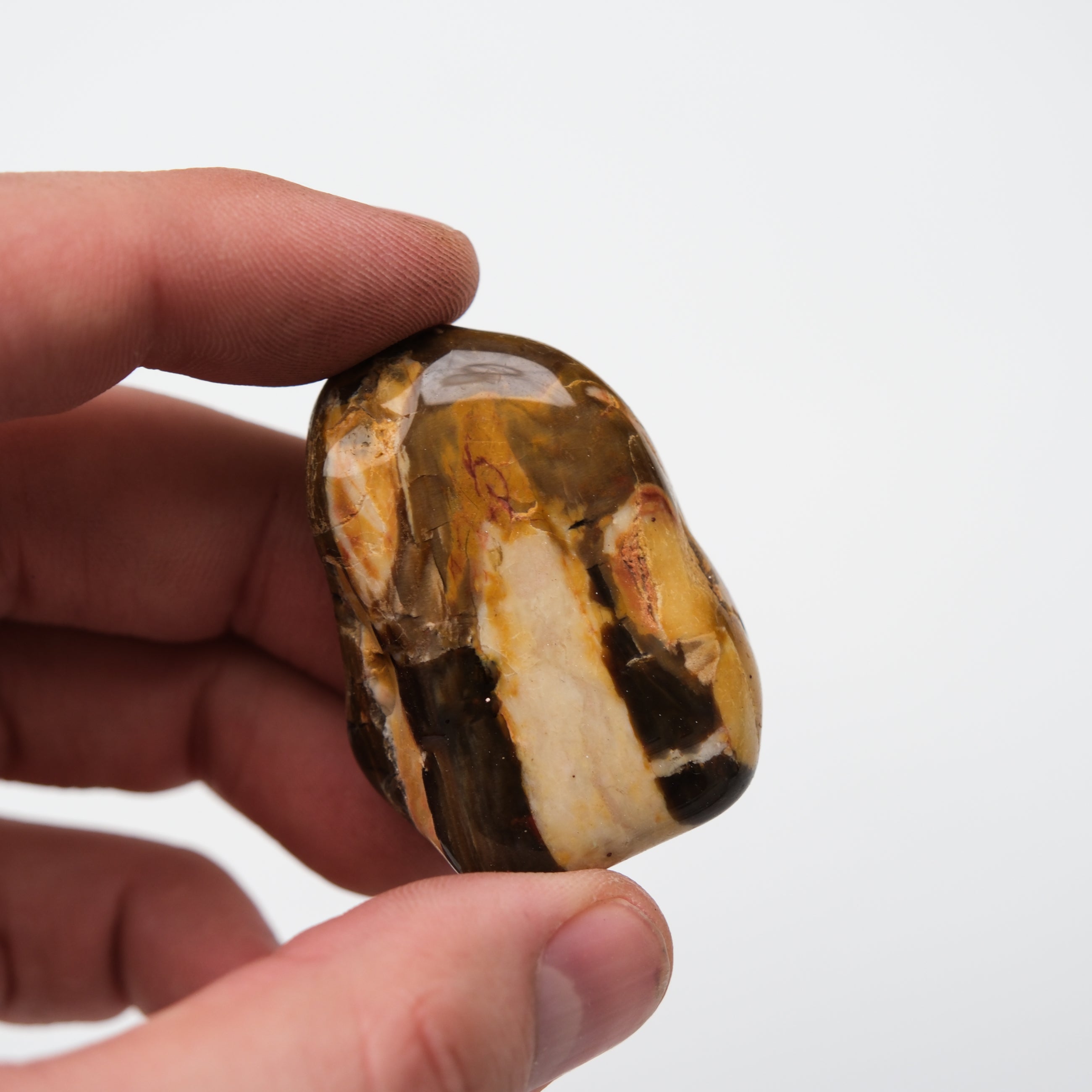 Peanut Wood Tumble Stone from Noctis Studio, smooth polished stone with natural wood and stone texture, rounded shape for decorative use
