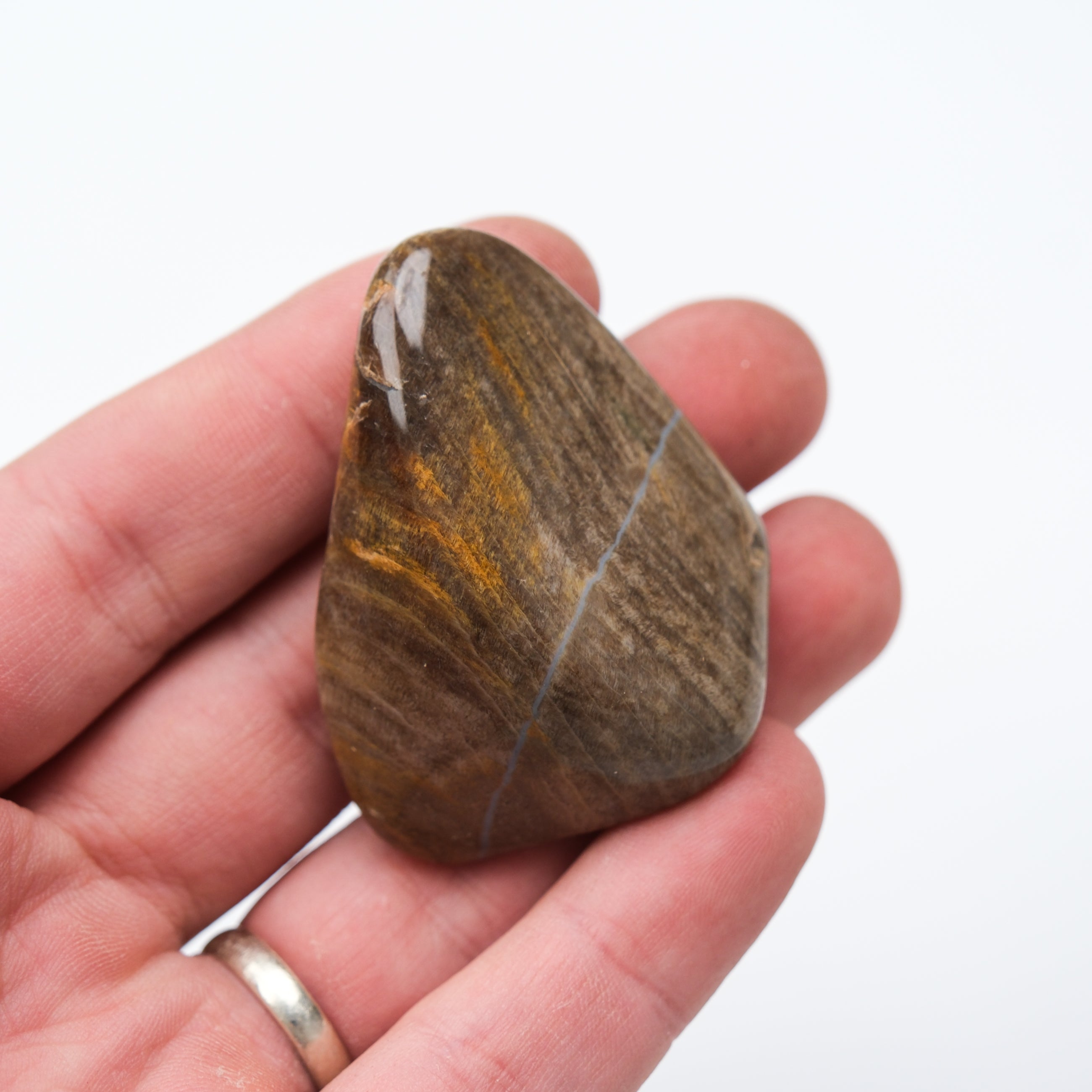 Peanut-shaped wood and stone tumble stone from Noctis Studio, featuring smooth, natural textures and warm earthy tones.