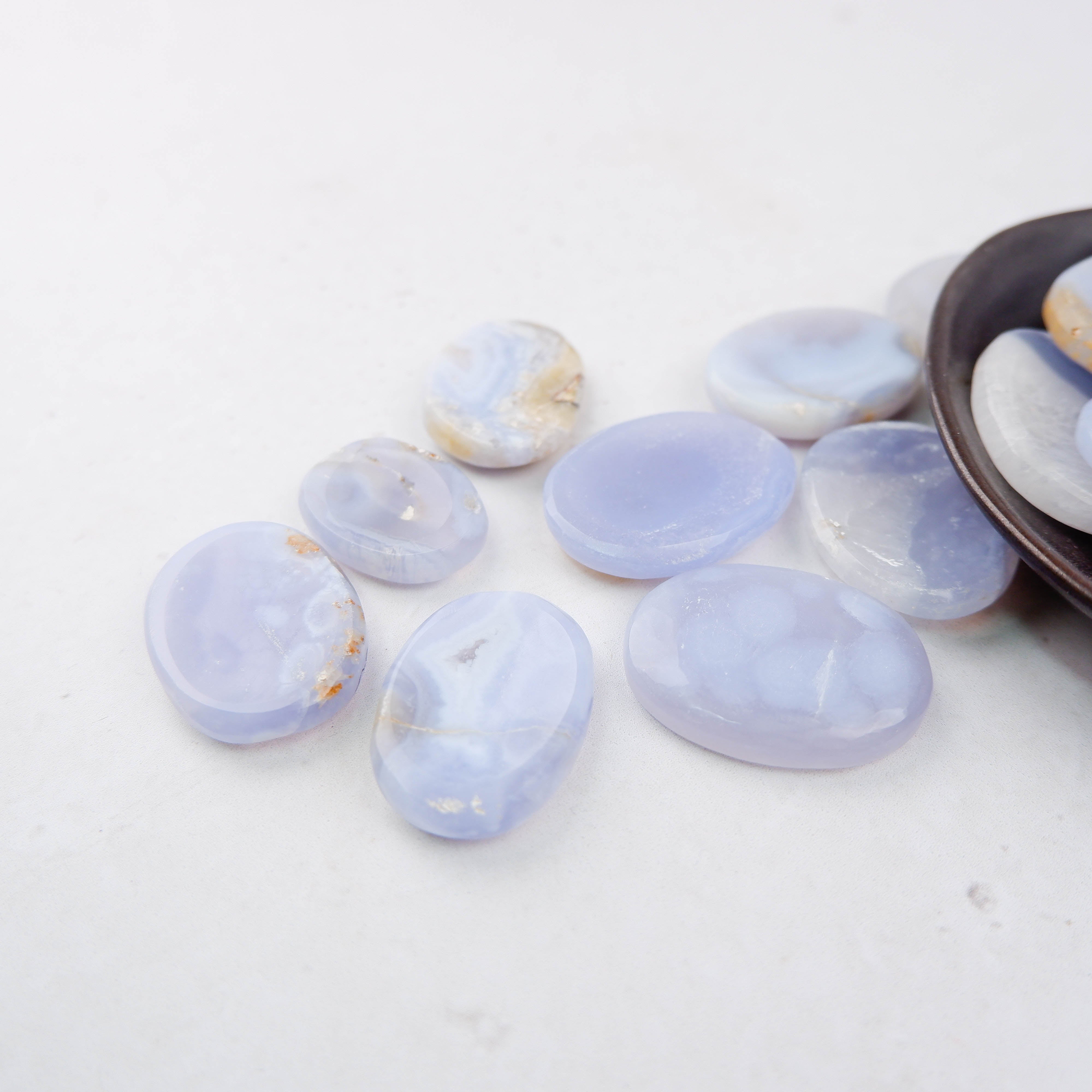 Blue Lace Agate worry stone from Noctis Studio, smooth oval gemstone for stress relief and calming touch.