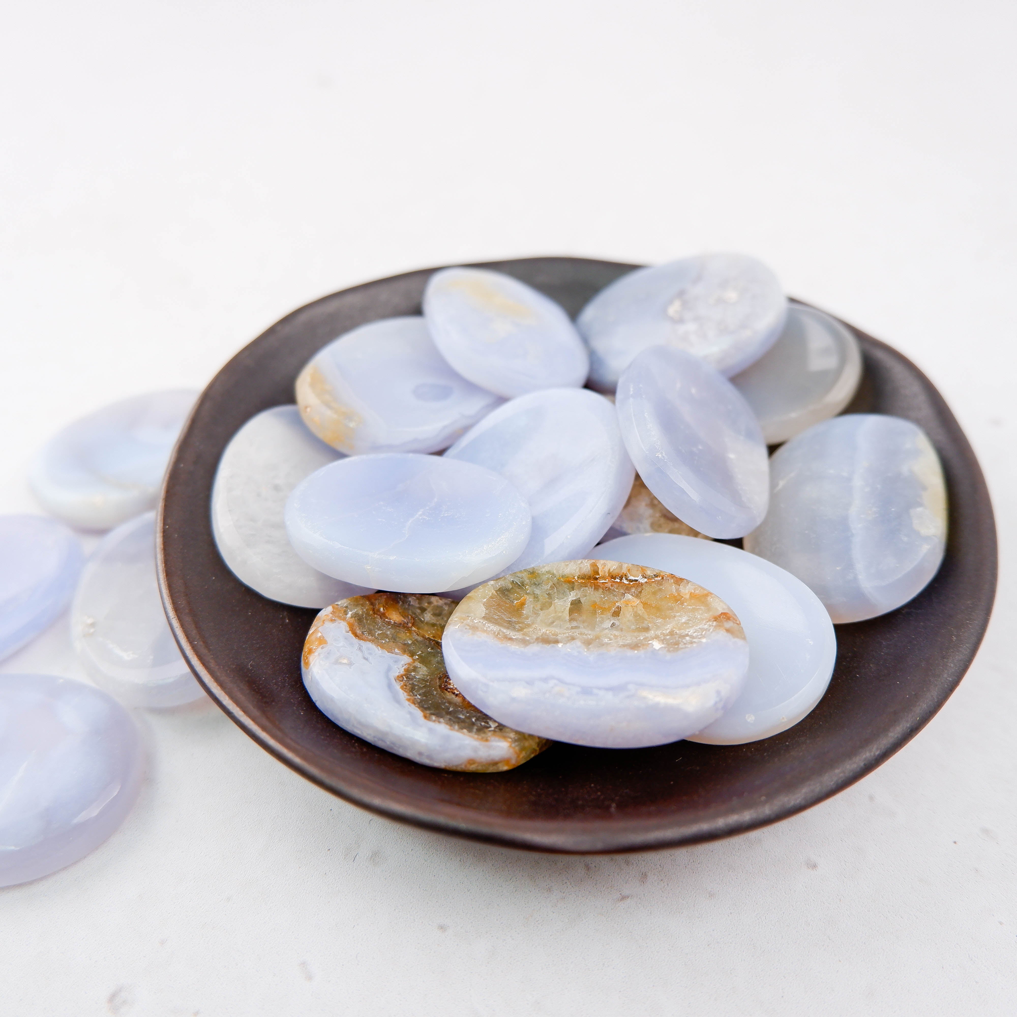 Blue Lace Agate worry stone from Noctis Studio, smooth polished gemstone for stress relief and calming tactile experience.