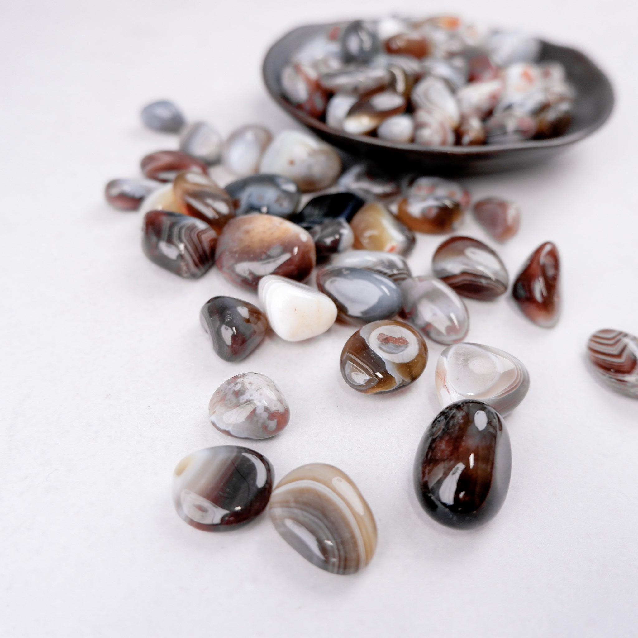 Botswana Agate tumble stone from Noctis Studio showing polished, rounded gemstone with natural banding and earthy tones.