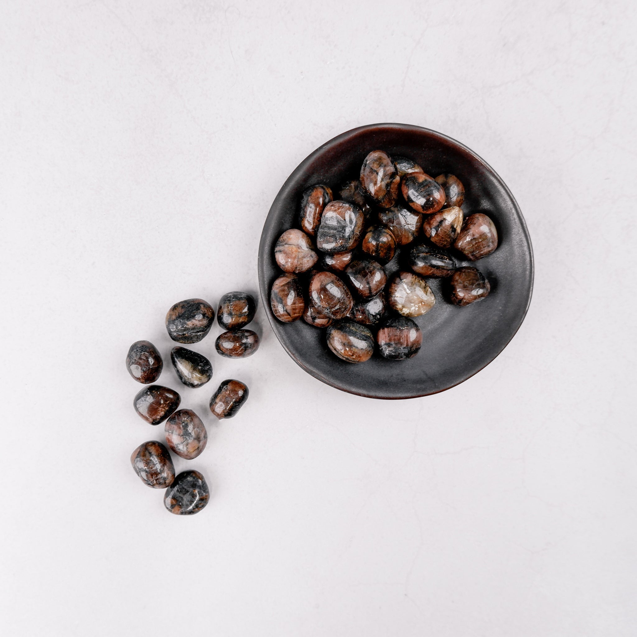 Chiastolite tumble stone from Noctis Studio showing a polished dark stone with distinctive cross patterns on a white background.
