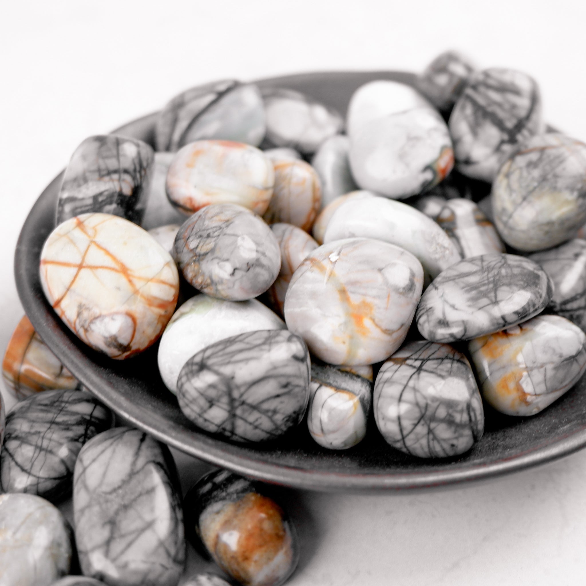 Noctis Studio Picasso Jasper tumble stone showing vibrant brown, black, and cream patterns with smooth, polished surface.