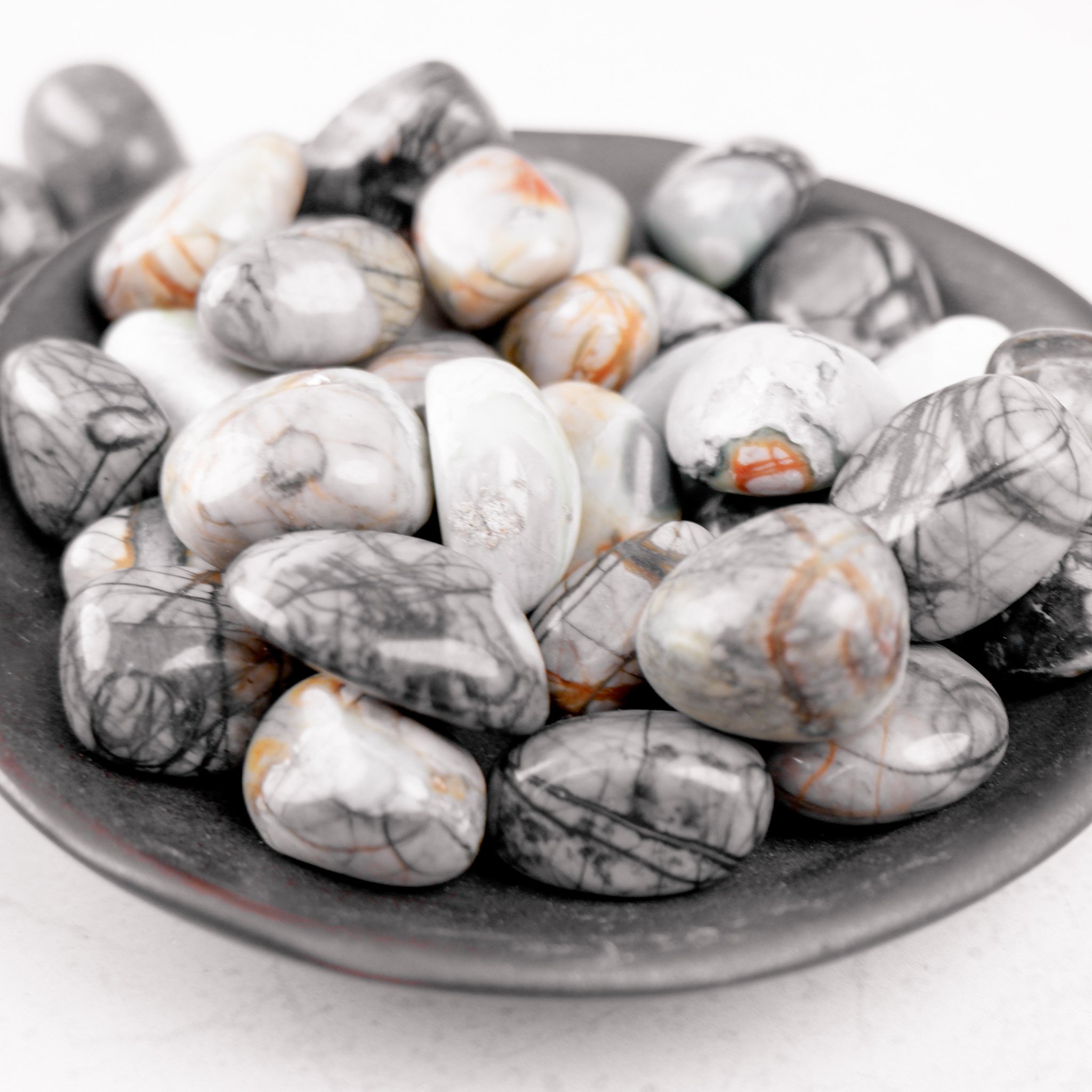Noctis Studio Picasso Jasper tumble stone showcasing vibrant, earthy patterns and polished smooth surface on a white background.