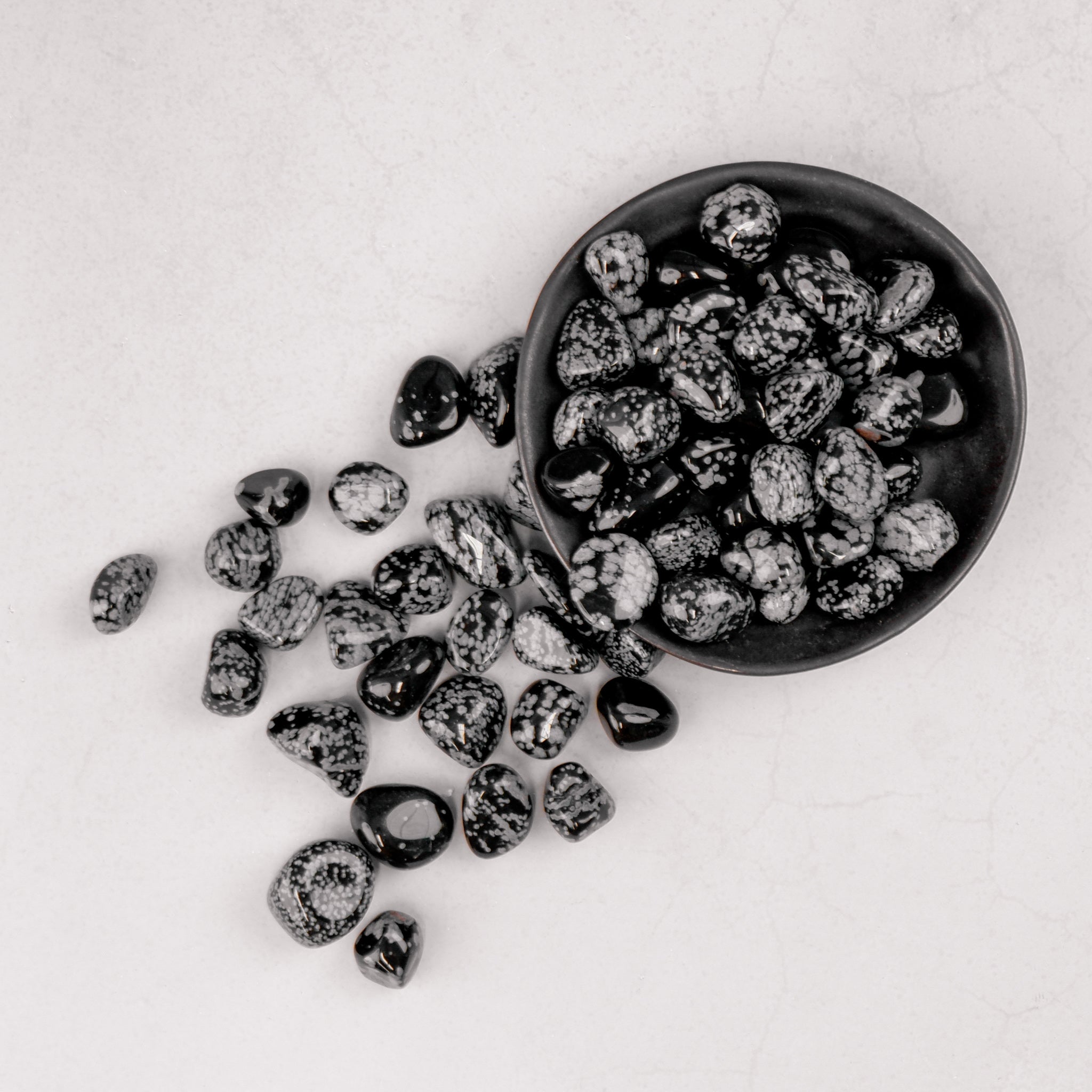 Snowflake Obsidian tumble stone from Noctis Studio, showcasing black volcanic glass with white snowflake-like mineral patterns.