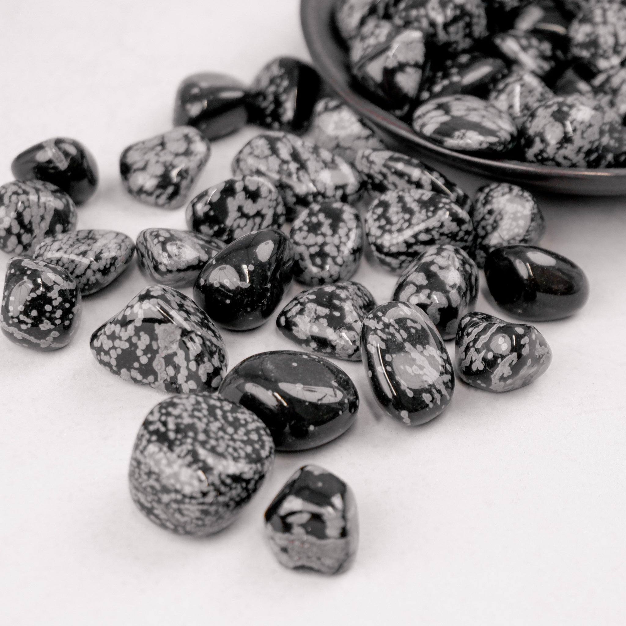 Smooth black snowflake obsidian tumble stone from Noctis Studio with white dendritic patterns on a neutral background.