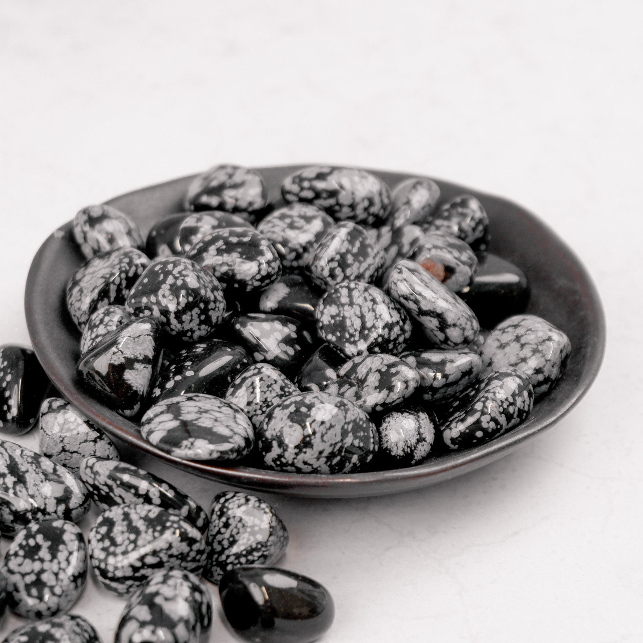 Snowflake Obsidian tumble stone from Noctis Studio showing a smooth, polished black stone with white snowflake-like patterns.