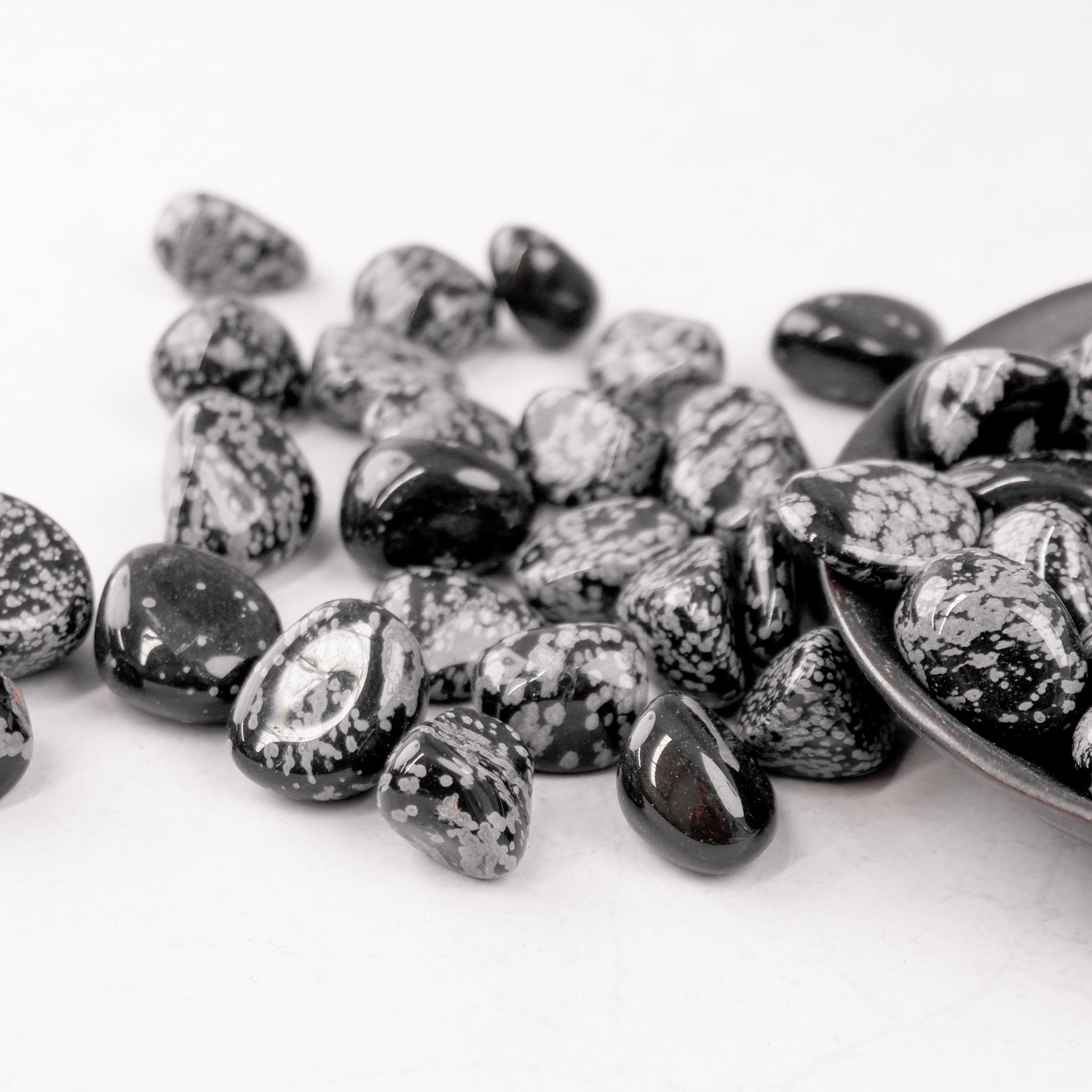 Snowflake Obsidian tumble stone by Noctis Studio showing black volcanic rock with white snowflake-like mineral patterns.