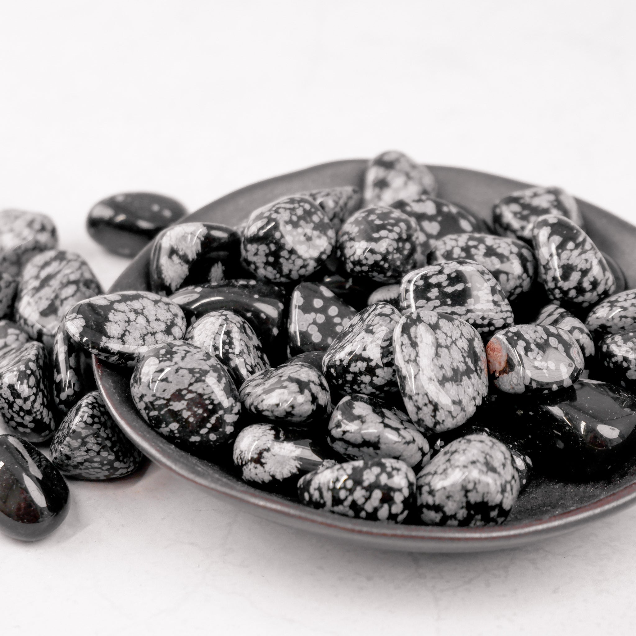Snowflake Obsidian tumble stone from Noctis Studio, showcasing a polished black stone with white snowflake-like mineral patterns.