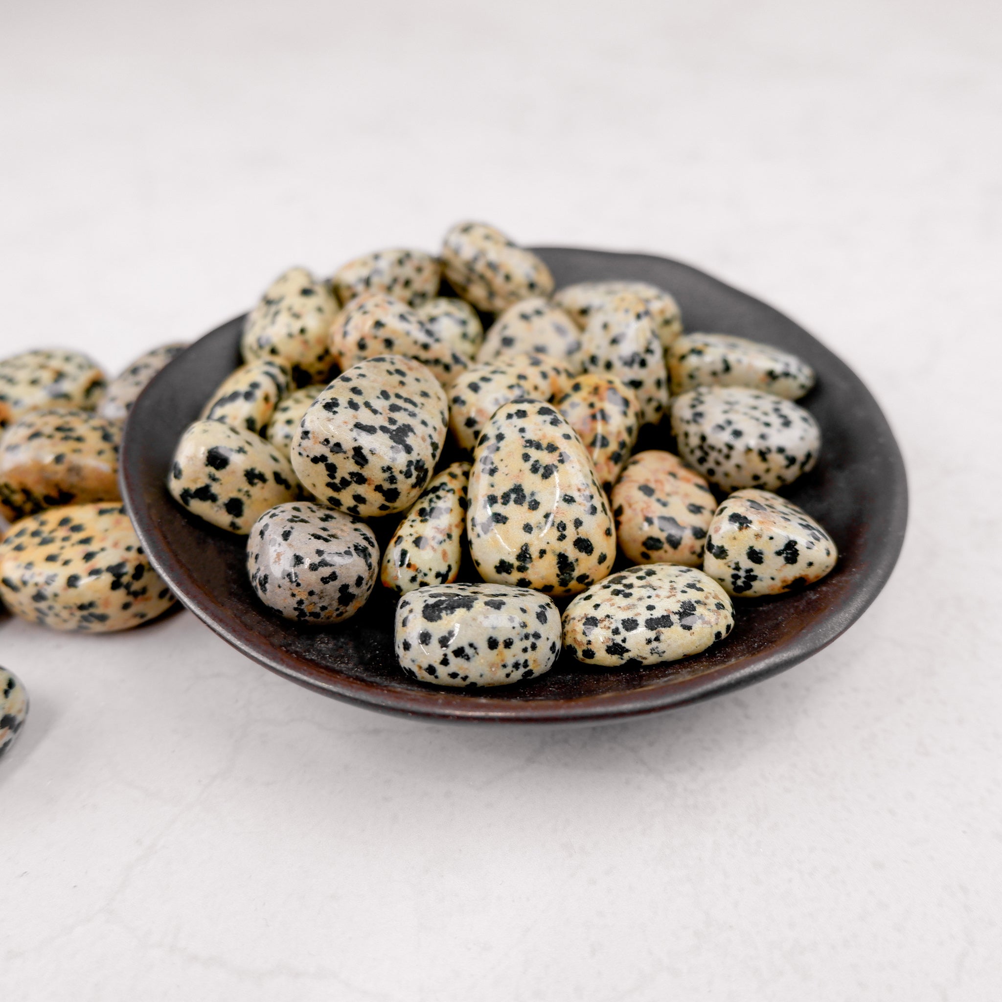 Dalmatian Jasper tumble stone from Noctis Studio showing black spots on a beige mineral surface.