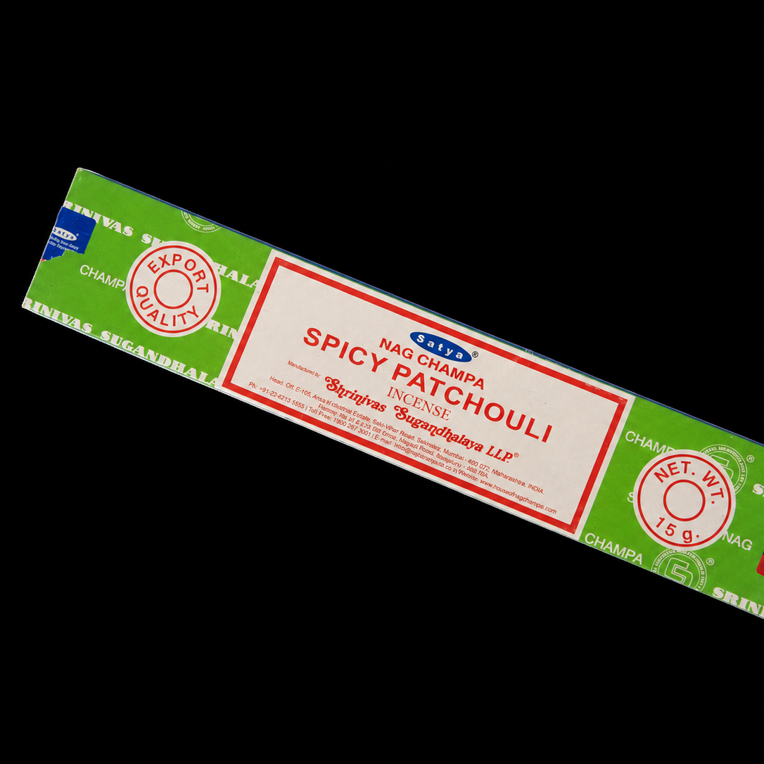 Satya Incense Spicy Patchouli incense sticks from Noctis Studio, showcasing the packaging and aroma profile of the product.