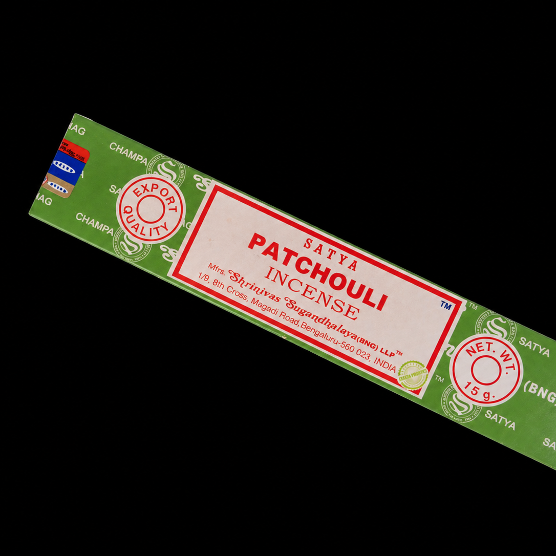 Satya Patchouli incense sticks in a box, with natural brown packaging, designed for aromatic use and spiritual ambiance.