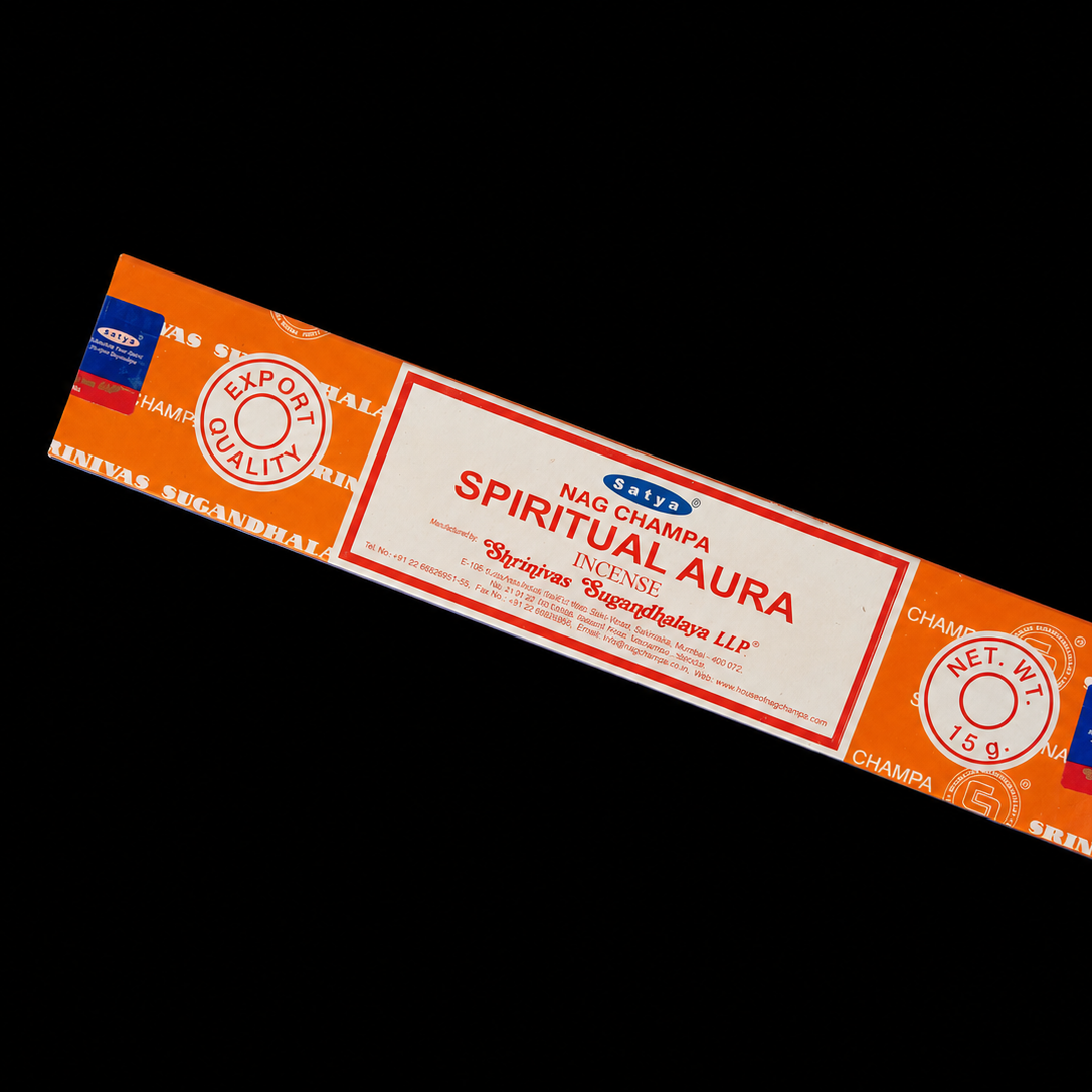 Spiritual Aura Satya Incense sticks in a box, with incense sticks visible, from Noctis Studio, designed for aromatic spiritual use.