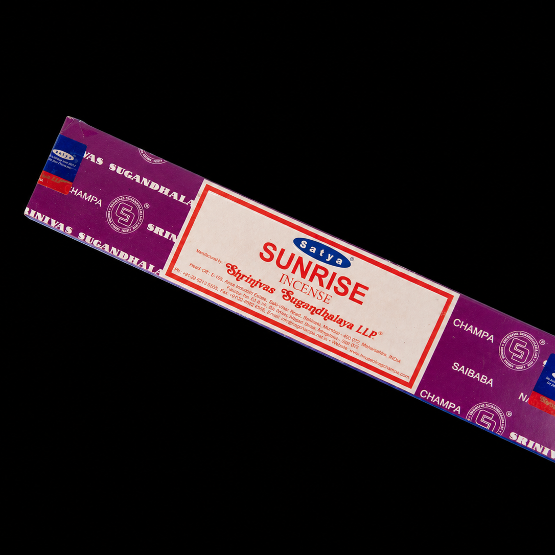 Sunrise Satya incense sticks in a box from Noctis Studio, with the incense sticks visible inside the packaging.