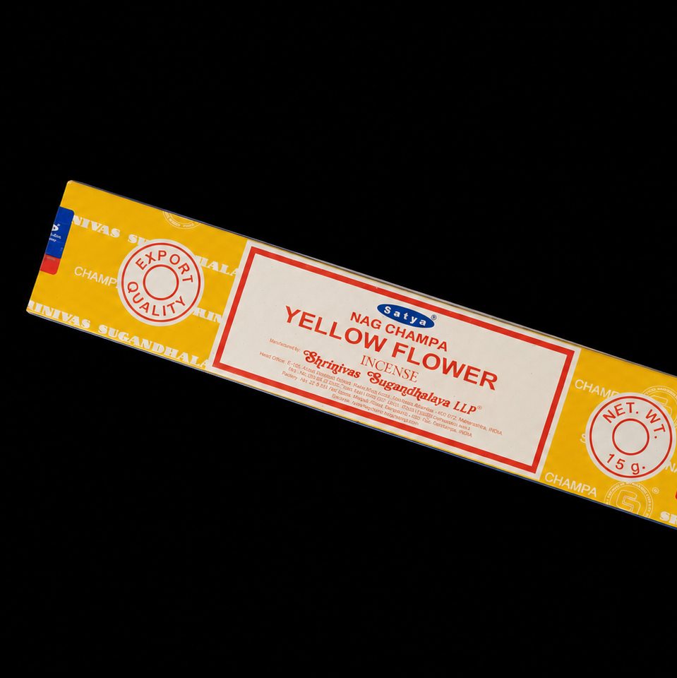 Yellow Flower Satya Incense sticks from Noctis Studio with yellow floral packaging, ideal for aromatic incense burning.